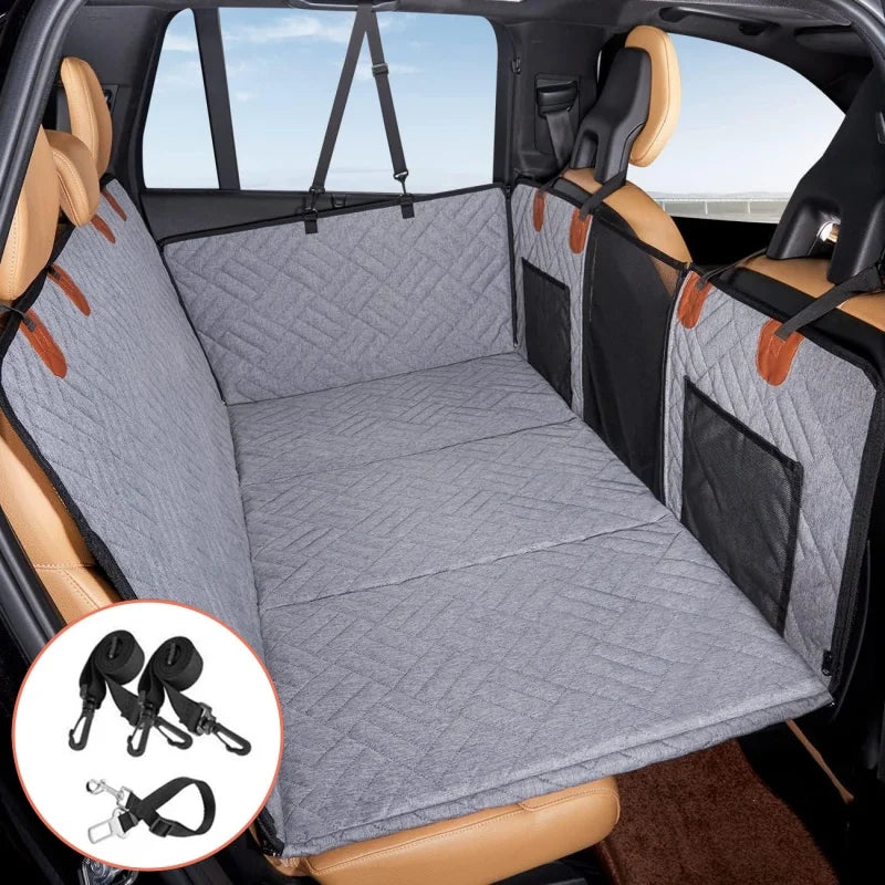 Premium car back seat dog blanket with seat belt