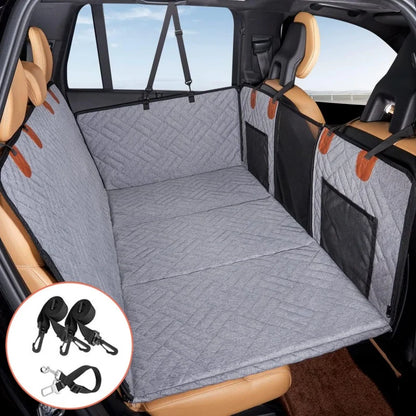 Premium car back seat dog blanket with seat belt